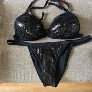 Fashion Nova Shiny Black Bikini Set